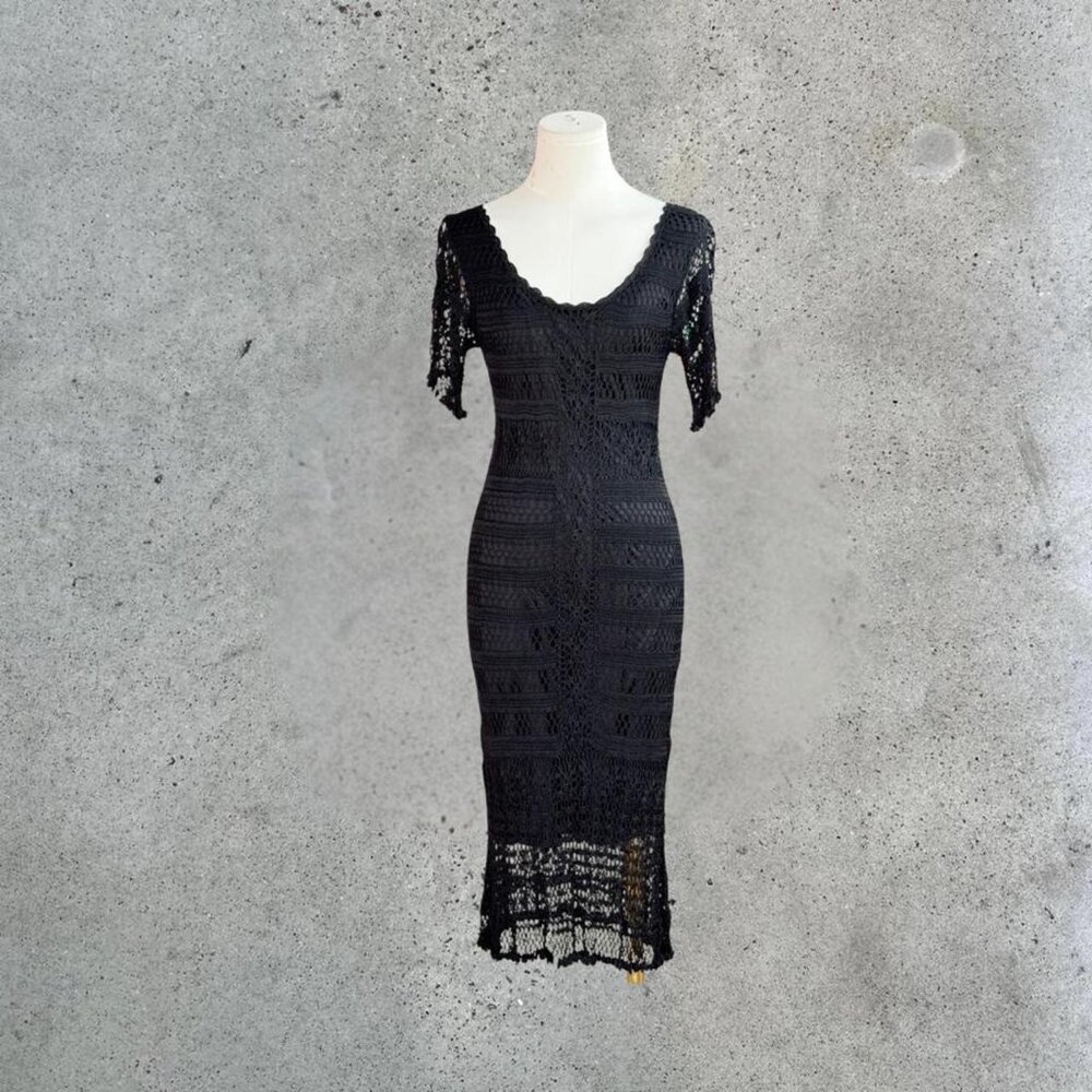 Vintage black crochet midi dress